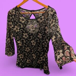 Cute Y2K style mesh gold foil cut out 3/4 sleeve top whimsigoth lace tunic